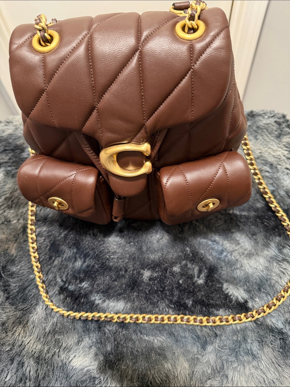 Coach Quilted Brown Leather Chain Backpack with Gold Hardware